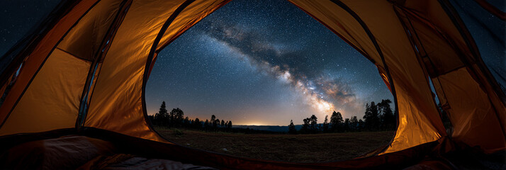 POV banner from inside tent out in the night with starry sky