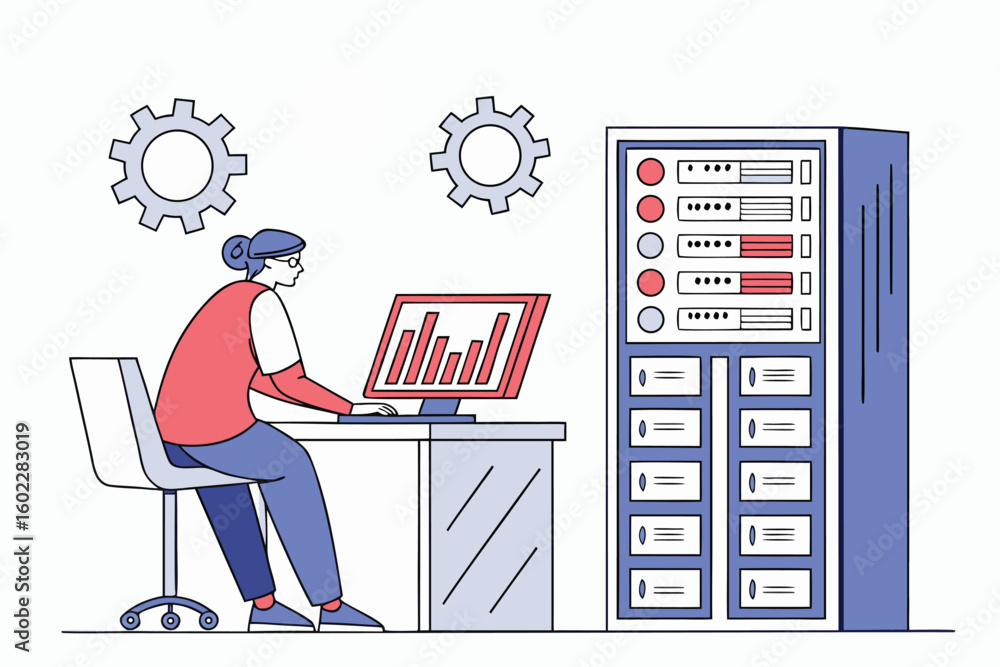 Poster professional working at a desk with computer, monitoring data and operating servers in a modern tech