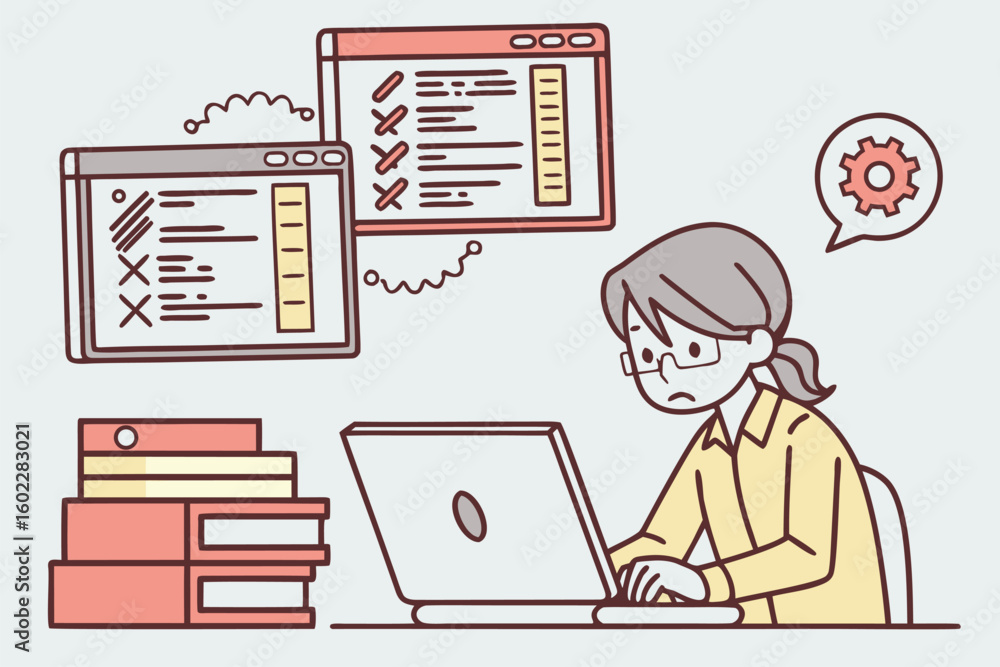 Poster individual working on a laptop with coding tasks and documents on the screen while sitting at a desk