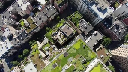 High-angle aerial of numerous buildings boasting diverse green roofs, showcasing a vibrant urban ecosystem. Ideal for sustainable city planning, ecological architecture, and urban development concepts