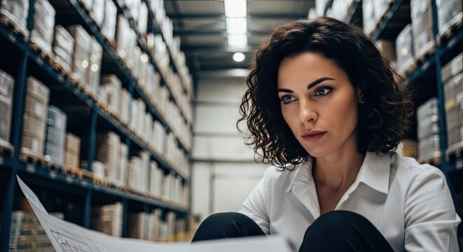 focused businesswoman reviewing documents in warehouse