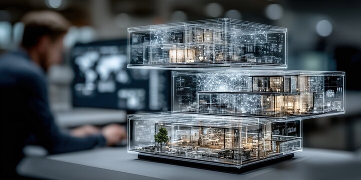 Engineer inspects a building structure projected through 3D holographic technology, ensuring precision and safety in every detail