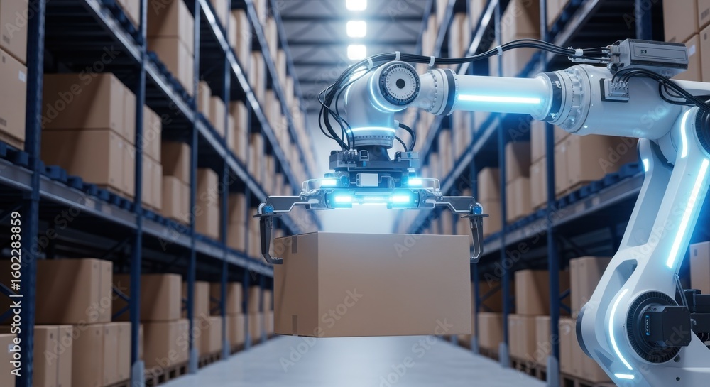 Aufkleber futuristic warehouse automation with robotic arm lifting cardboard container in orderly storage.
