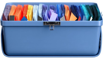Colorful paper samples in storage box, studio shot, white background, design resource