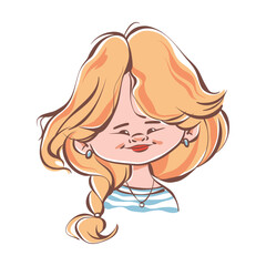 Child girl avatar. Cute portrait of a blonde little girl with an adorable happy face. Hand drawn vector illustration of a girl kid face for a school website user profile, social media, and stickers.
