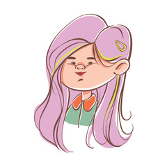 Child girl avatar. Female kid's avatar. Adorable little girl portrait with pink hair. Cute girl kid face for school website user profile, social media, sticker. Hand drawn vector illustration.