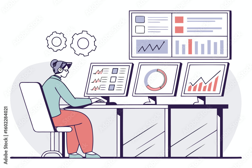 Poster data analyst monitors multiple screens to analyze statistics and graphs in a modern office setting d