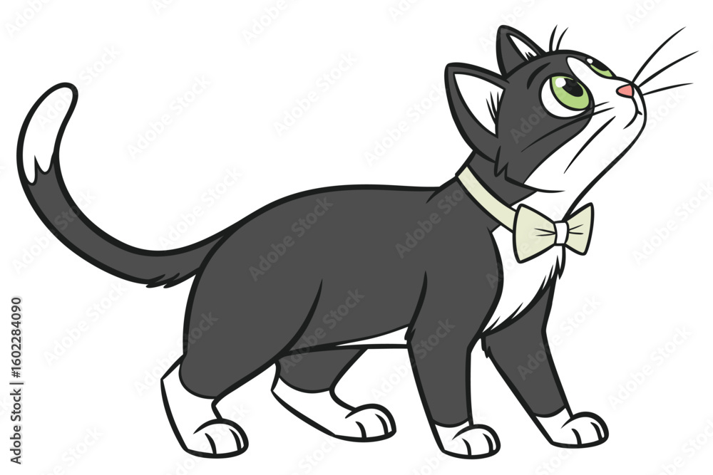 Poster stylish cat with a bow tie looking curiously upward in a playful animated style