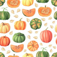 Watercolor bright fall pumpkin seamless pattern. Autumn background with hand painted orange and green vegetables. Perfect for textile fabric printing and skrapbooking