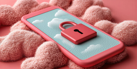 Smartphone lock security cloud pink fluffy soft minimal flat design. pink smartphone with lock icon on screen surrounded by fluffy clouds symbolizes digital privacy and protection