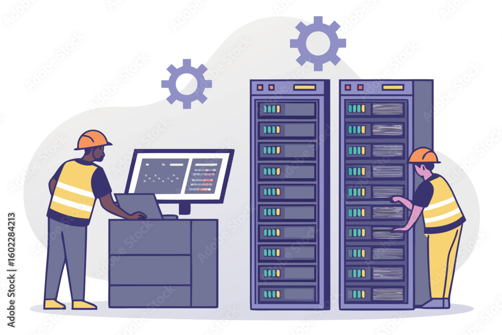 Aufkleber technicians working at a data center managing servers and monitoring system performance during a rou
