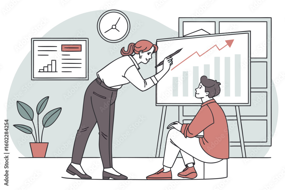 Poster business meeting with two colleagues discussing financial growth strategies and presenting data in a