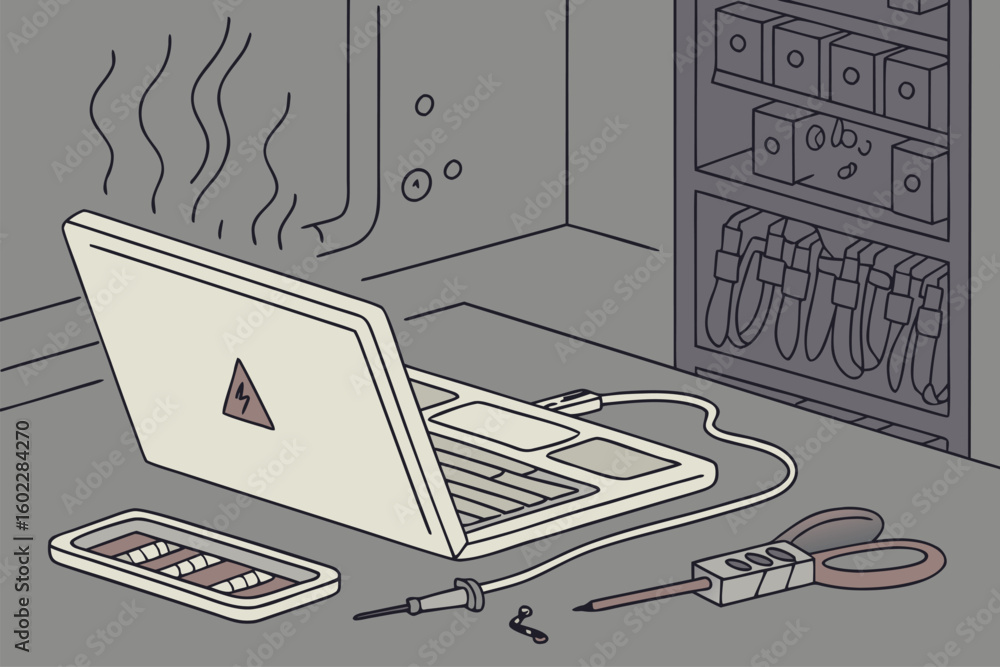 Poster laptop overheating on a workbench in a cluttered workshop with tools and cables scattered around dur