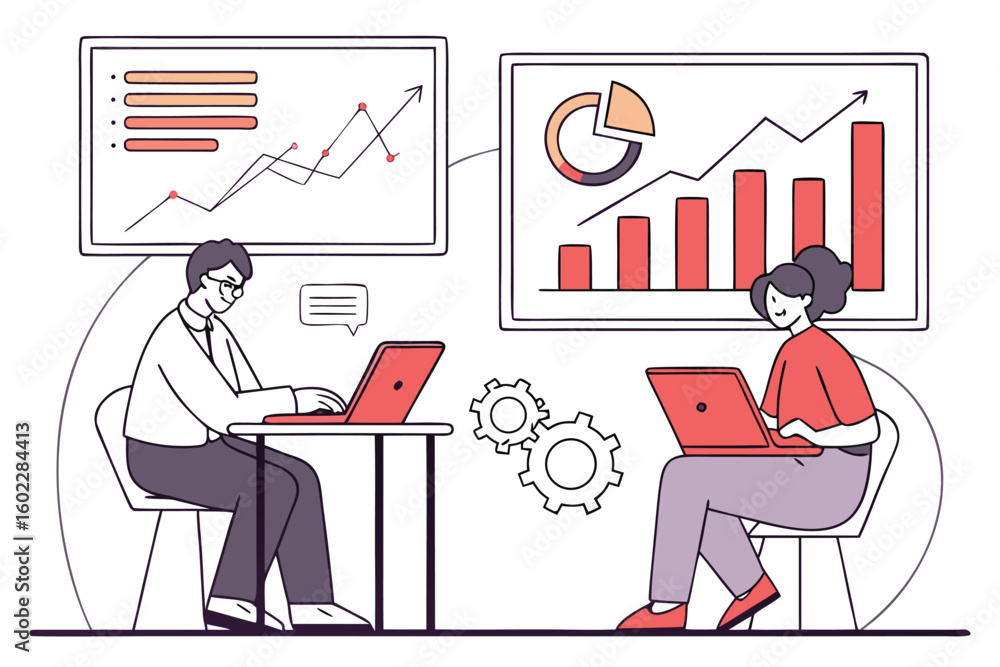 Poster collaboration between two professionals analyzing data with laptops in a modern office environment w