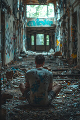 Man sitting alone back facing camera in abandoned building filled with debris graffiti on walls moody atmosphere natural light from windows urban decay solitude contemplation despair