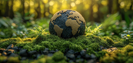 Crystal globe moss nature sustainability environment green earth sunlight forest eco friendly. Crystal globe resting vibrant moss sunlit forest symbolizing sustainability environmental awareness