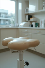 Modern beige ergonomic medical stool, clean physiotherapy clinic interior, bright natural light, contemporary healthcare workspace, calm and professional atmosphere