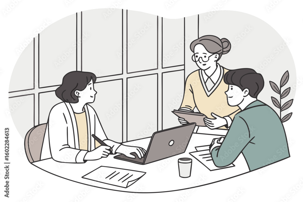 Poster collaborative brainstorming session in a modern office with three individuals discussing ideas and s