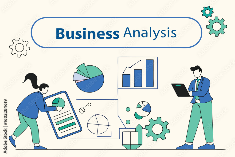 Poster business analysis concept featuring a male and female working with charts and data visualizations in