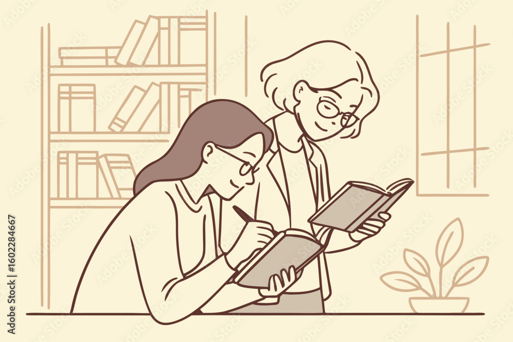 Poster two individuals engaged in reading and note-taking in a cozy library setting during a relaxed aftern