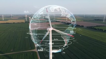 Aerial View of Wind Turbines in Green Fields with Digital Globe Overlay Representing Green Energy and Sustainable Technology Innovations - Powered by Adobe