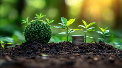 Green globe network connection plant coin soil growth finance eco investment. Green globe with network connection young plant stack of coin and rich soil symbolize eco friendly finance sustainable