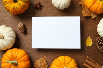 Beautiful autumn composition with pumpkins and white paper card on a wooden background, top view