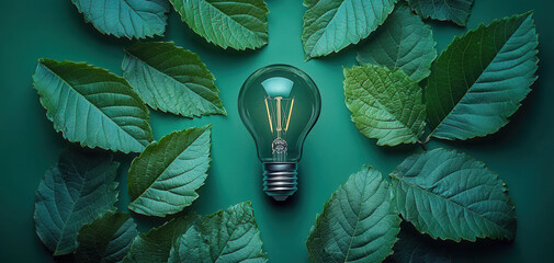 Green energy concept light bulb, eco friendly idea, sustainable innovation, renewable power, environmental conservation, fresh green leaves, clean technology