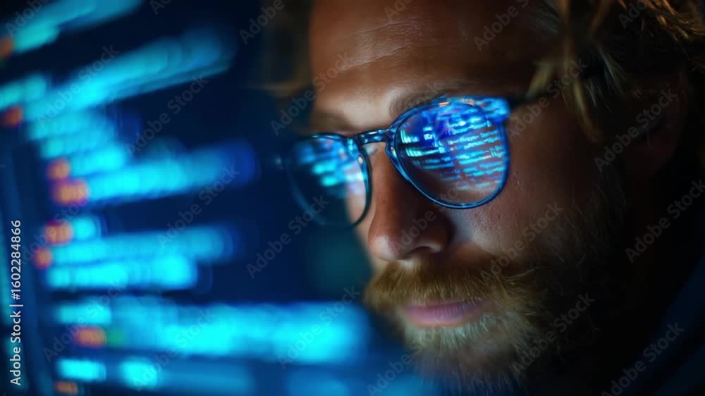 Poster code reflection: a focused individual with spectacles meticulously analyzes digital code, reflecting