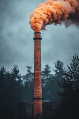 Industrial smokestack pollution carbon emission environment climate neutral net zero forest overcast moody vertical outdoors energy sustainability atmospheric autumn air quality industry ecology