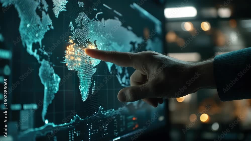 Poster of man interacting with digital globe, analyzing global trends and data points.