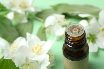 Close-up of jasmine essential oil with fresh jasmine flowers - cosmetic care