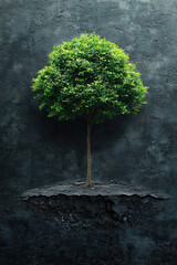 Floating green tree minimalistic style dark textured background concept of growth recovery challenge and big thinking symbolizing hope and resilience