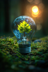 Light bulb green leaf moss forest sunlight nature eco energy environment sustainability. light bulb with vibrant green leaf inside sits moss forest glowing warmly and symbolizing eco friendly
