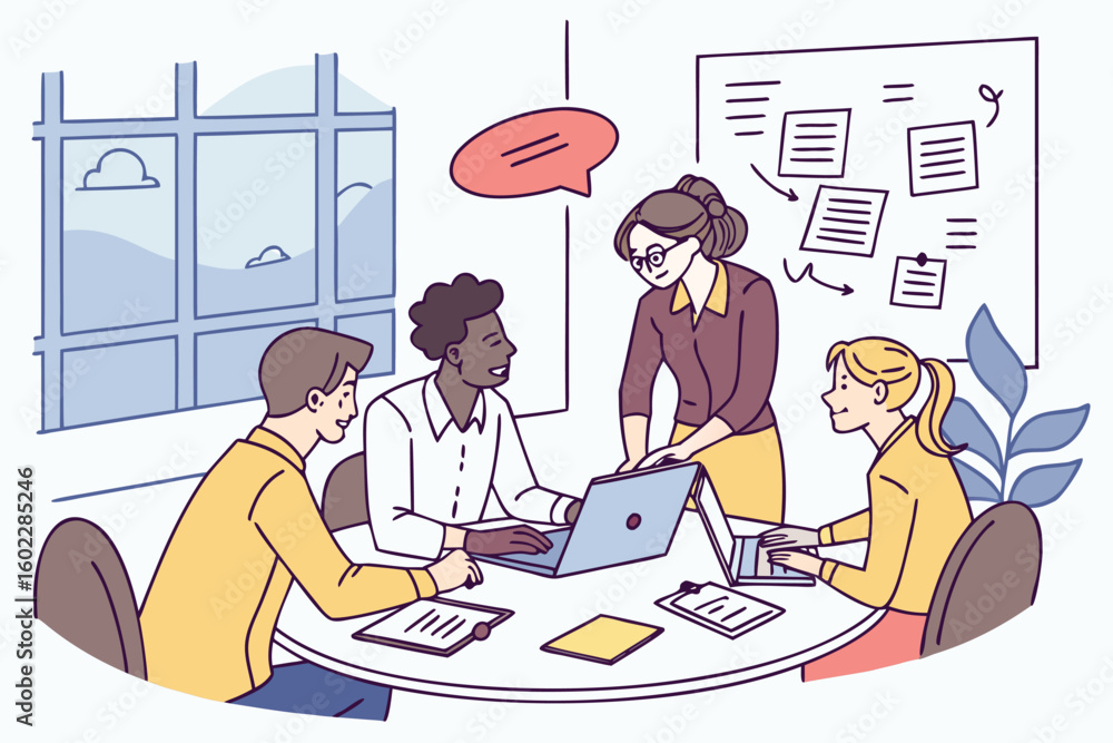 Poster team collaborating on a project in a modern office environment during a brainstorming session with l