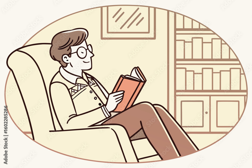 Poster cozy reading session in a home library as a young man enjoys a book while seated in a comfortable ch