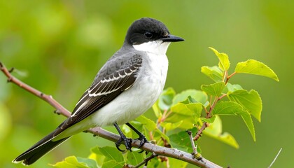 Fototapeta premium Captivating portrait of an Eastern Kingbird perched amidst lush foliage backdrop scene