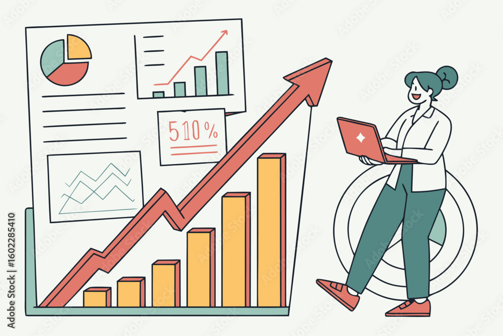 Poster data analysis and growth reporting with a smiling professional reviewing performance metrics on a la