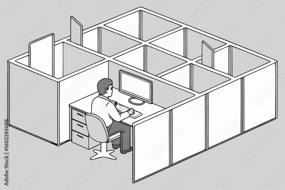 Poster office cubicles designed for productivity featuring a focused worker engaged with a computer within 