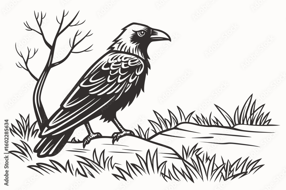 Aufkleber raven perched on a rock in a natural landscape with sparse trees and grass during a calm day