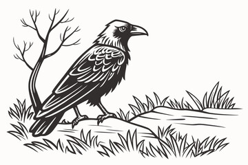 Fototapeta premium Raven perched on a rock in a natural landscape with sparse trees and grass during a calm day