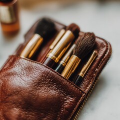 Close-up of a brown leather makeup brush case
