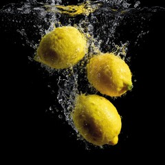 lemons falling into the water water splashes black solid background illustration small details 8k