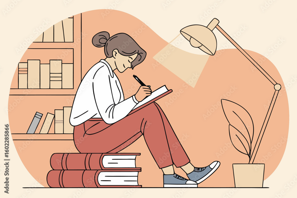 Poster person writing in a notebook while sitting on stacked books under a warm lamp in a cozy library envi