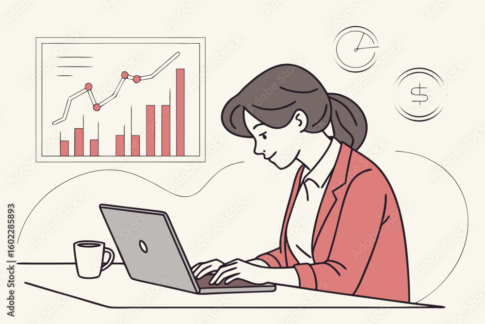 Poster business professional working on laptop in office setting while analyzing financial data and making 