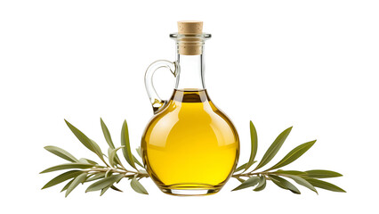 Olive oil in glass bottle with cork and olive branch for cooking and healthy eating concept isolated on white 100% on transparent background