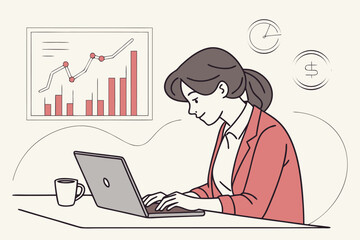 Business professional working on laptop in office setting while analyzing financial data and making strategic decisions for growth