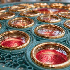 Circular teal panels with golden rings and stained glass