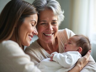 Drei Generationen zeigen innige Verbundenheit während Großmutter neugeborenes Baby liebevoll im Arm hält