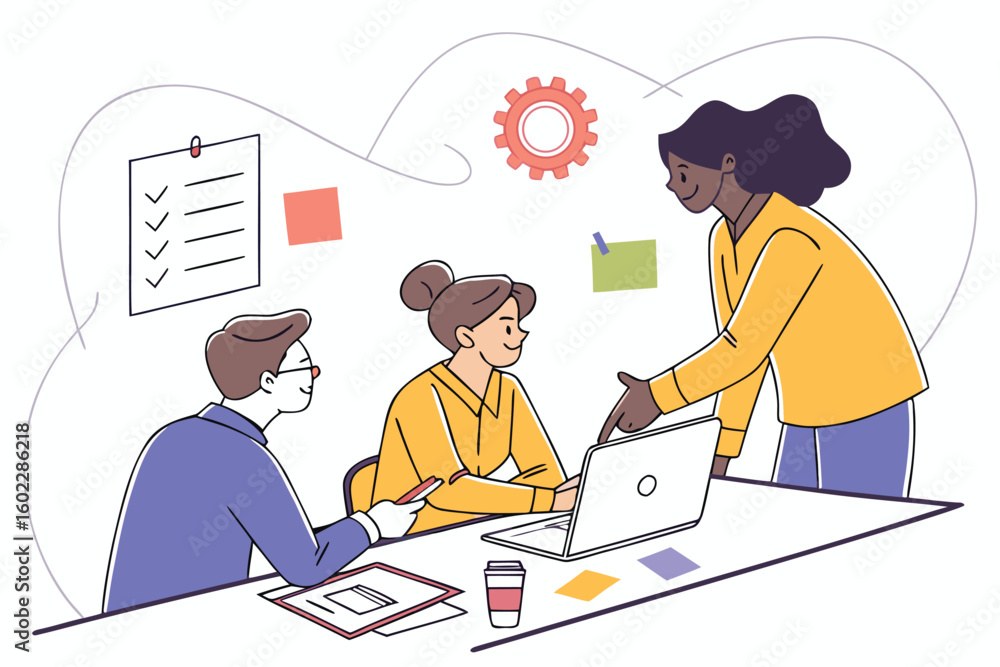 Poster team collaboration in a bright workspace during a productive brainstorming session with notes and a 